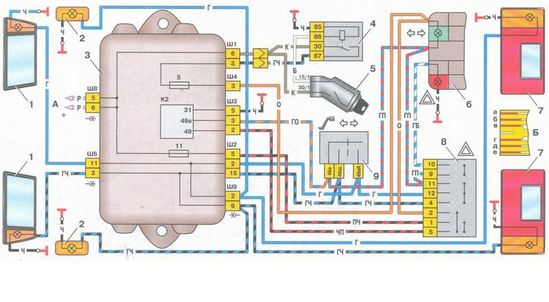 Схема работы сигналов поворотов LADA Samara
