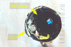 Вид на катушку и светодиод считывателя АПС-4